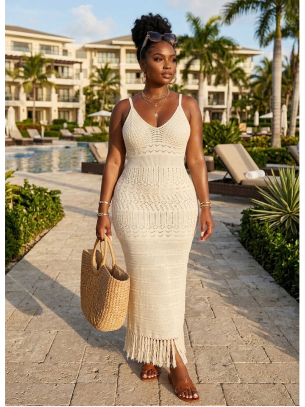 The Post Womans Dress Crochet Maxi Dress Size L Beige Fringe Resort